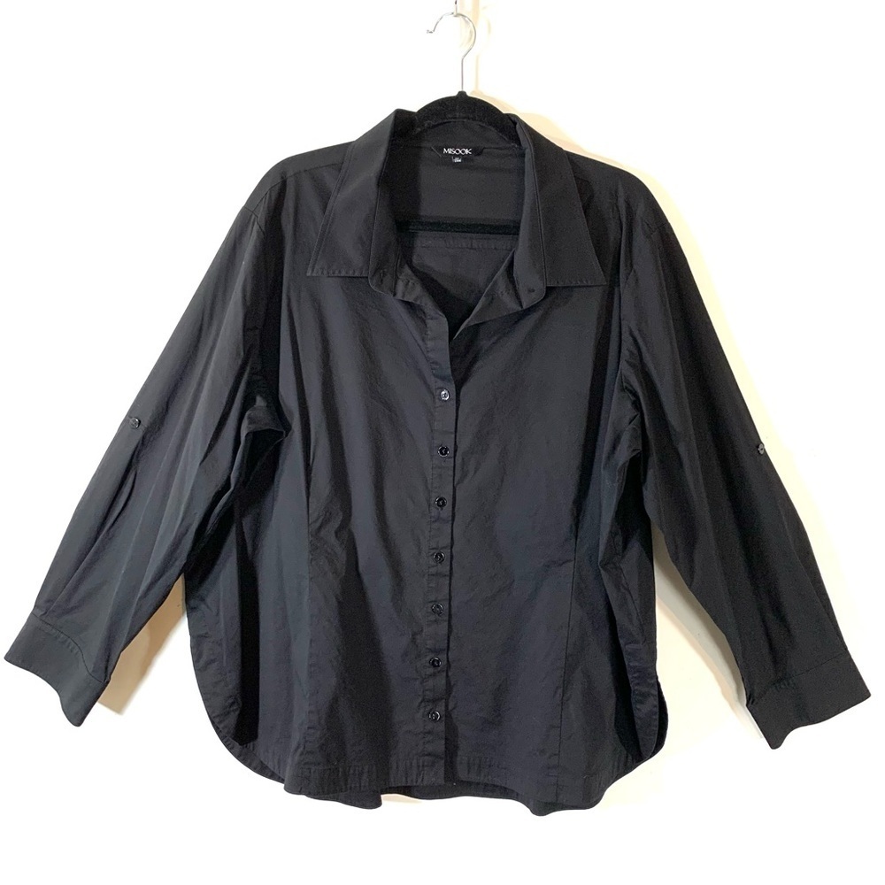 Misook Black Button Front Cotton Stretch Blouse